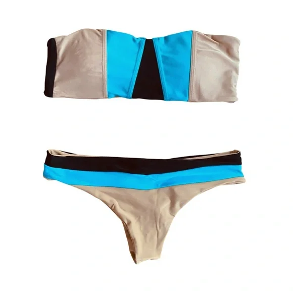 Black blue beige sprinted striped bikini swim set strapless bandeau, low rise S - Picture 1 of 10